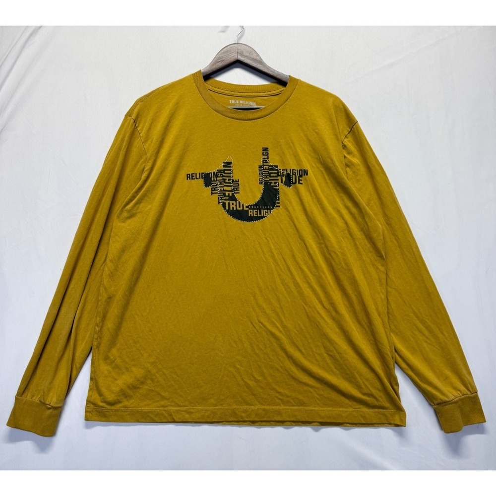 True Religion Shirt Men Large Mustard Yellow Graphic Print Horseshoe Logo Cotton